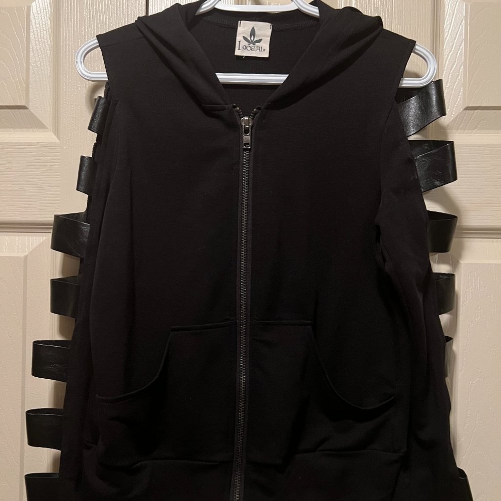 Black Zip Hoodie with Open Pleather Sleeves